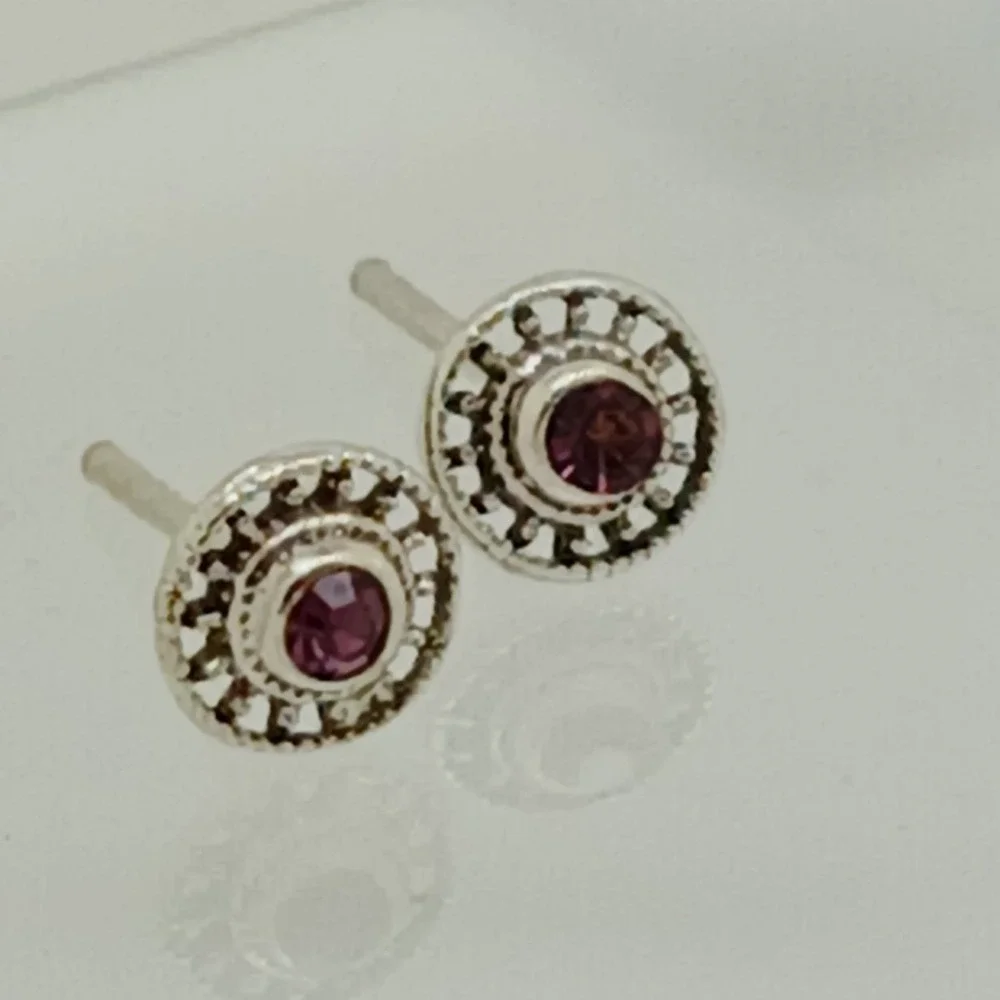 Vintage 925 Sterling Silver Crystal Sunburst‎ Round Stud Earrings Boho Sun Wheel
